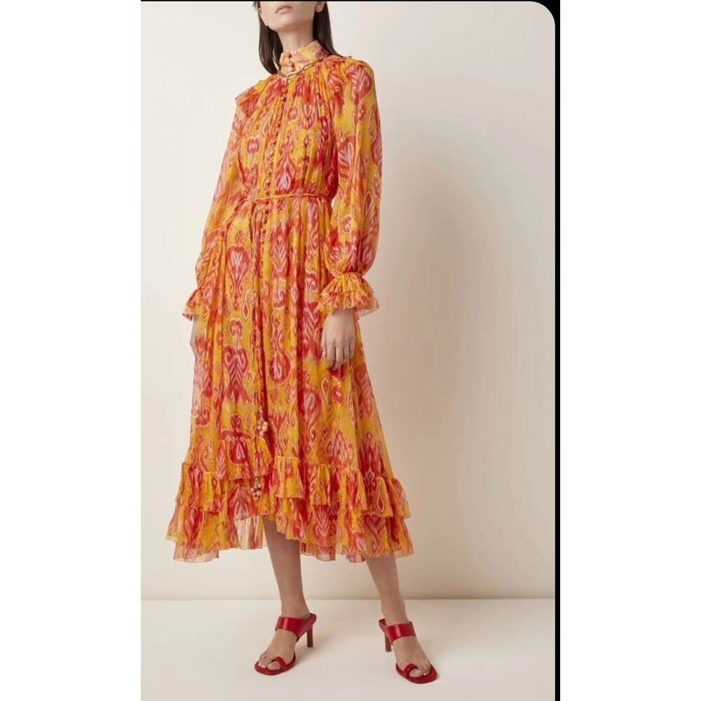 Zimmermann Brightside Frilled Midi Orange Dress in Golden Ikat Size: 0